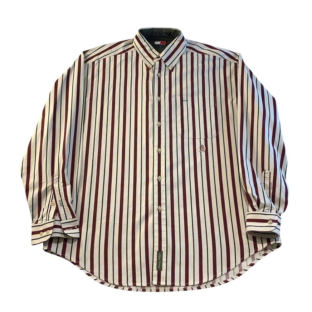 Tommy Hilfiger Shirt Mens L Burgundy Stripe Crest Logo 90s Preppy Vintage